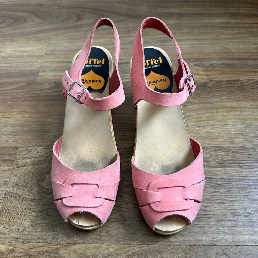 Swedish Hasbeens, Peep Toe Super High Clogs, pink unbuck leather, sz 37